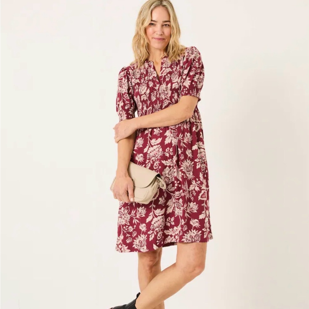 Fat Face Burgundy Floral Mini Dress with Cream Print